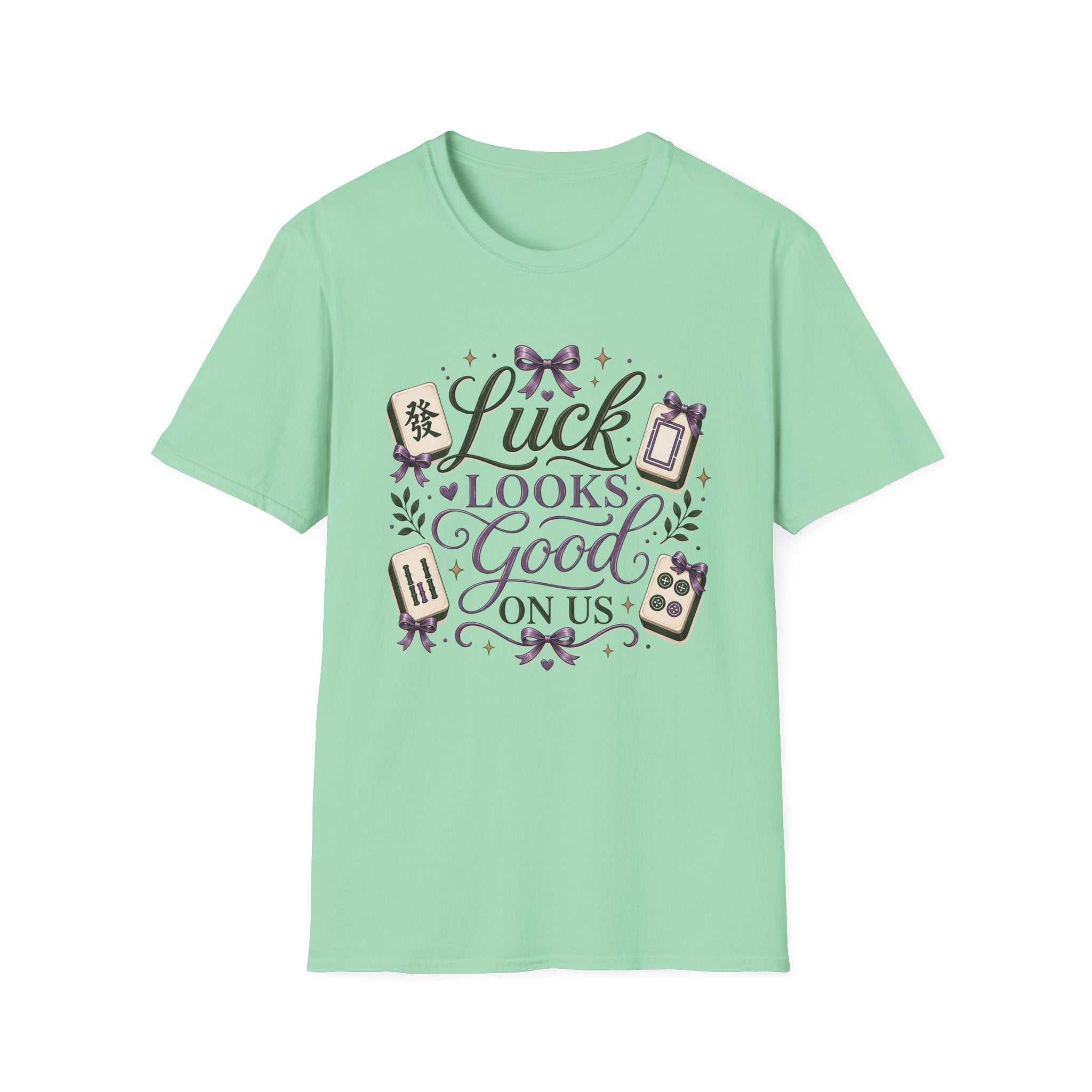 T-Shirt — "Luck Looks Good On Us" Graphic Tee (Mahjong & Charm Design)