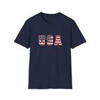 USA Varsity Lettering T-Shirt | Patriotic American Flag Block Graphic Tee, Fourth Of July Stars Stripes Top