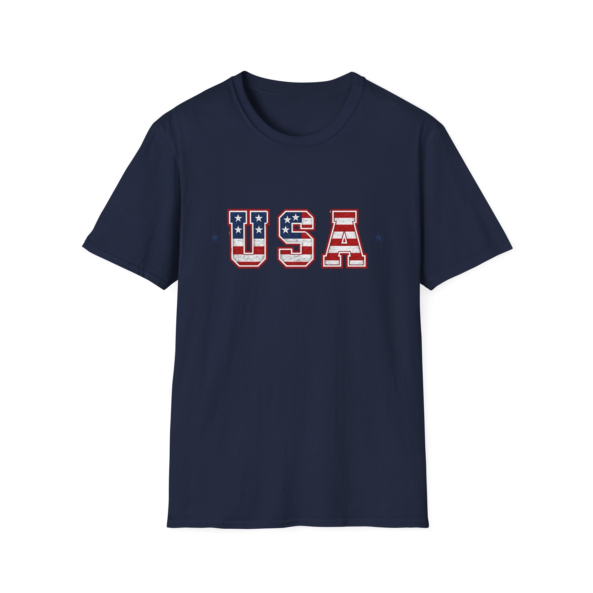 USA Varsity Lettering T-Shirt | Patriotic American Flag Block Graphic Tee, Fourth Of July Stars Stripes Top