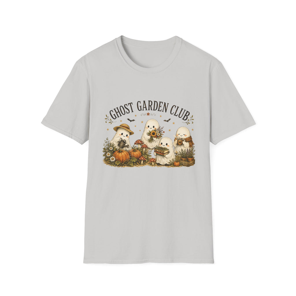 Ghost Garden Club T-Shirt — Cute Autumn Halloween Ghosts with Pumpkins & Flowers