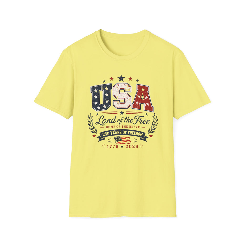 Vintage USA 250 Years of Freedom Graphic Tee - 2026 4th of July Semiquincentennial Patriotic Land of the Free T-Shirt