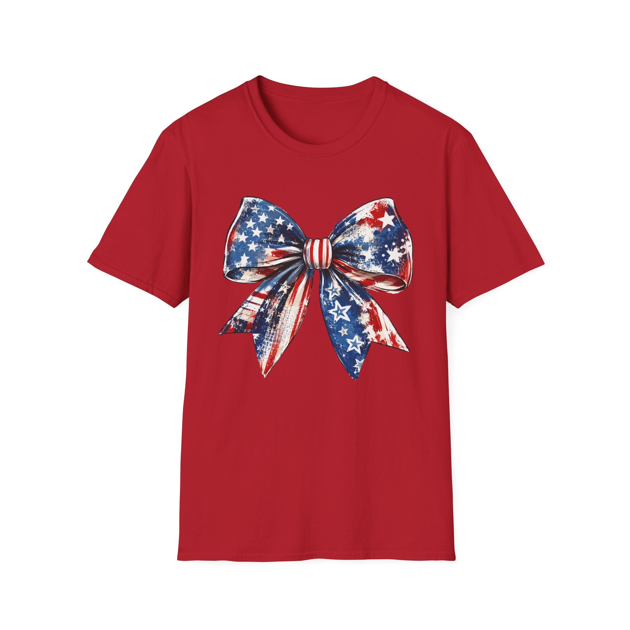Distressed Watercolor Patriotic Bow T-Shirt, Vintage Grunge American Flag Bow Tee, Worn Texture Coquette 4th of July Shirt, Brushstroke Stars Stripes Bow Gift