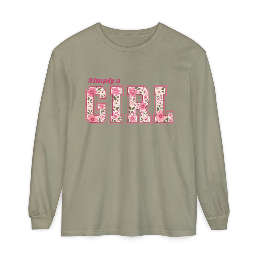 Simply a GIRL Floral Feminine Pink Flower Typography Long Sleeve T-shirt