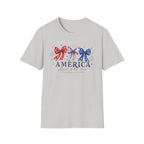 America Land of the Free Graphic Tee - Patriotic 4th of July Coquette Bow T-Shirt
