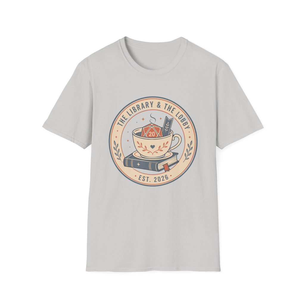 Library & The Lobby Tea Cup T‑Shirt — 'The Library & The Lobby' Vintage Bookstore Tee