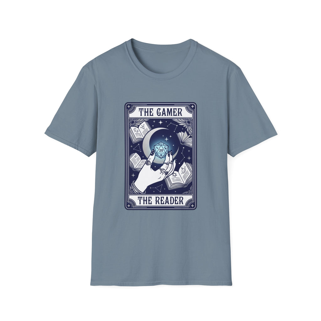 The Gamer The Reader T‑Shirt — Fantasy Dice & Book Illustration Tee