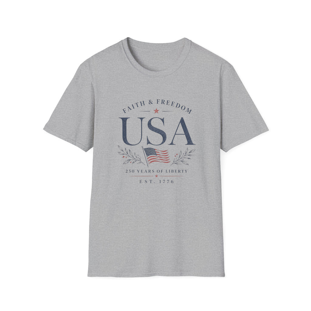 USA Faith Freedom T-Shirt | Patriotic 250 Years Liberty Graphic Tee, American Flag Heritage Top
