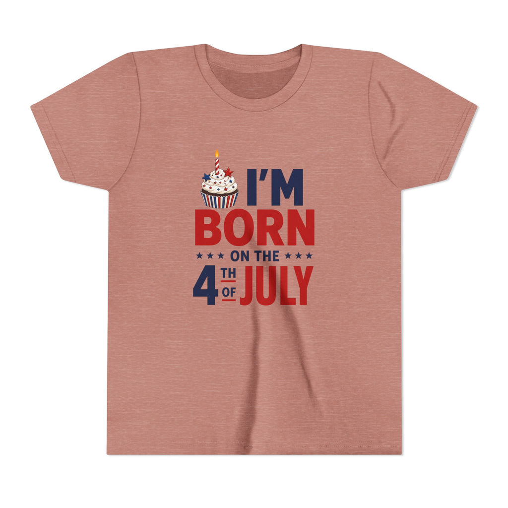 Born on the 4th of July Tee, Patriotic Birthday USA Shirt, Red White Blue Cupcake Graphic Top, Independence Day Celebration Outfit Youth Short Sleeve Tee