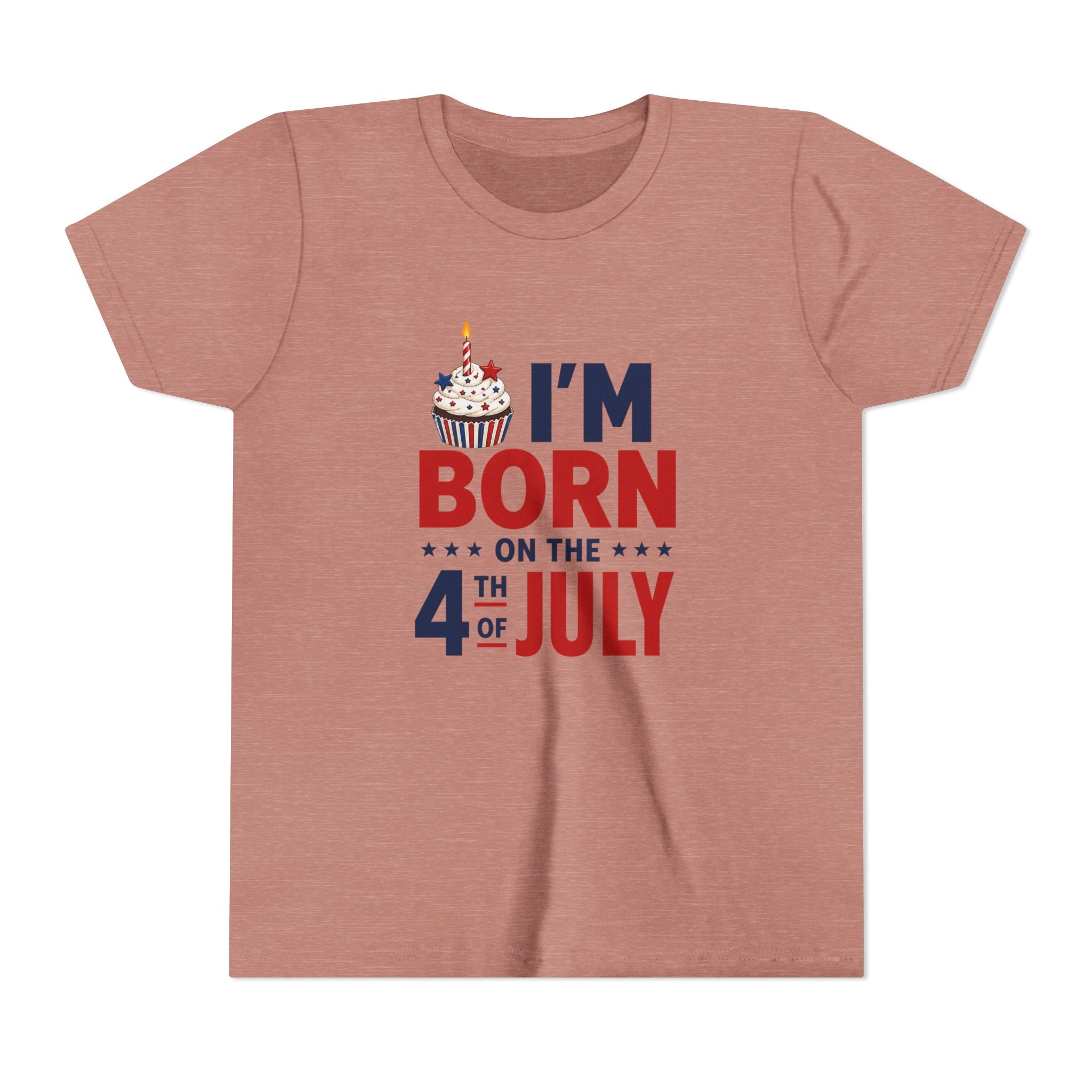 Born on the 4th of July Tee, Patriotic Birthday USA Shirt, Red White Blue Cupcake Graphic Top, Independence Day Celebration Outfit Youth Short Sleeve Tee