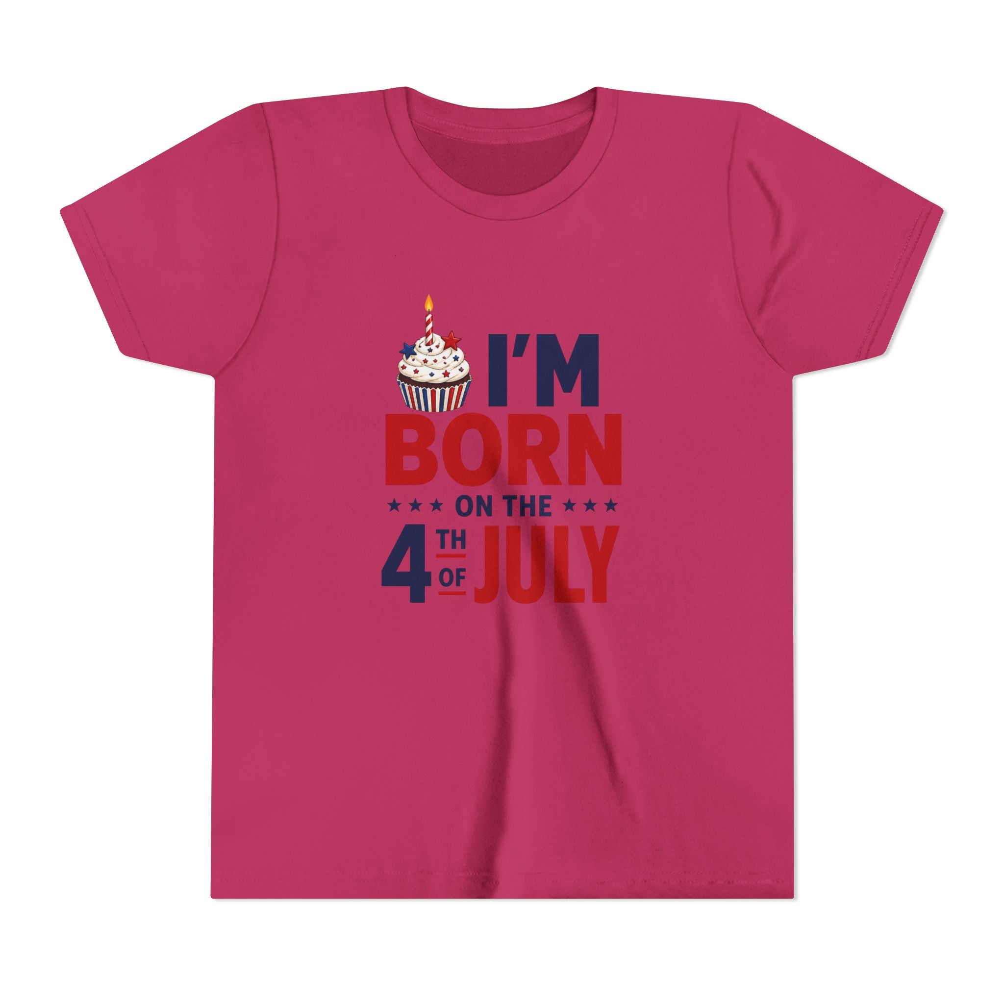 Born on the 4th of July Tee, Patriotic Birthday USA Shirt, Red White Blue Cupcake Graphic Top, Independence Day Celebration Outfit Youth Short Sleeve Tee