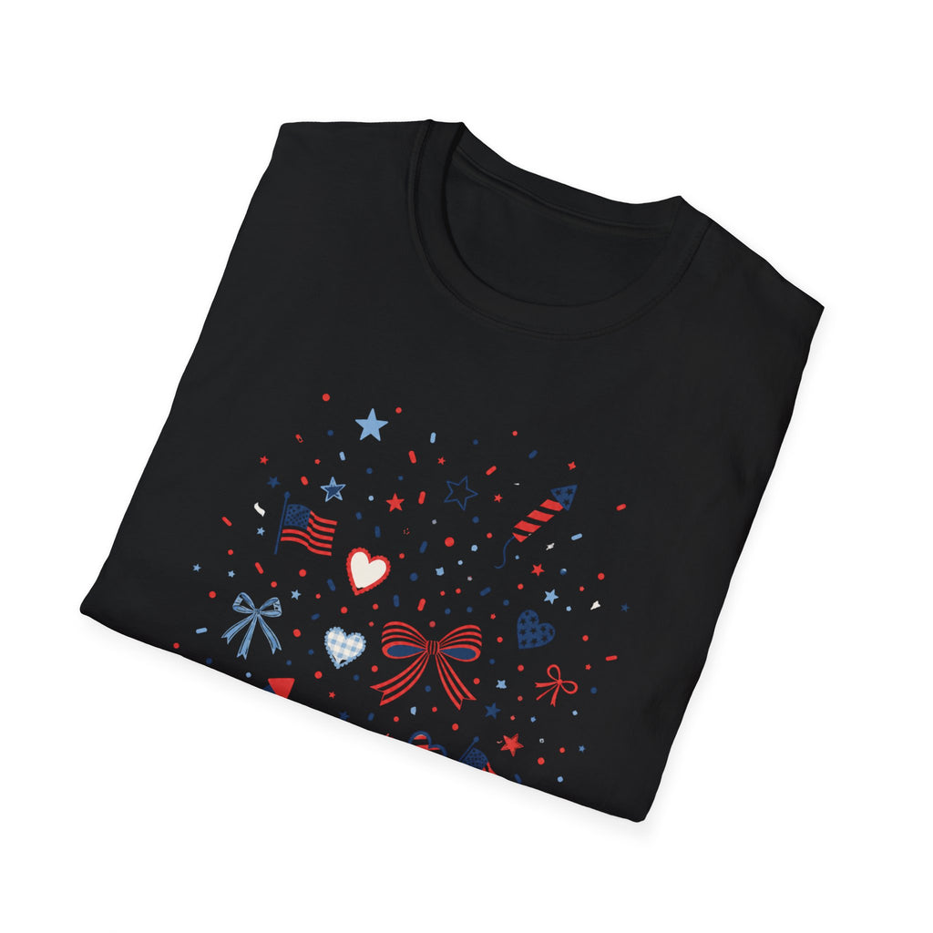 Patriotic Doodle Collage T-Shirt, Cute 4th of July Bow Heart Flag Confetti Tee, Whimsical Festive America Shirt, Coquette Patriotic Icon Scatter Gift