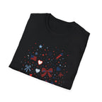 Patriotic Doodle Collage T-Shirt, Cute 4th of July Bow Heart Flag Confetti Tee, Whimsical Festive America Shirt, Coquette Patriotic Icon Scatter Gift