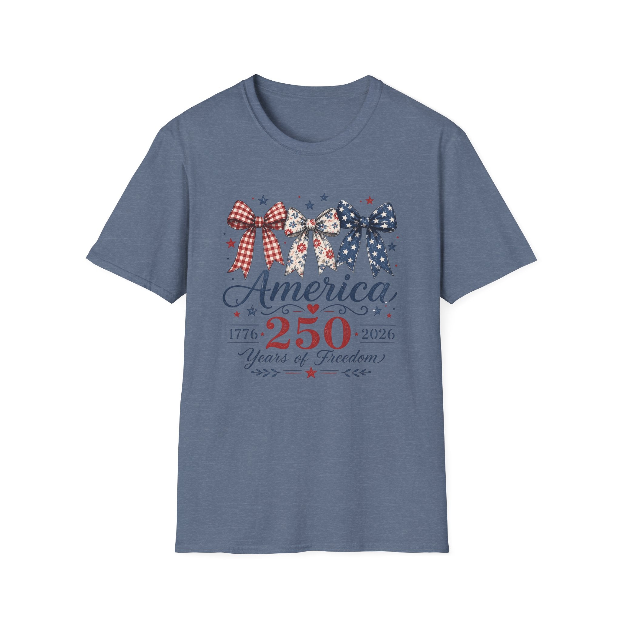 America 250 Years Of Freedom T-Shirt | Patriotic Coquette Ribbon Bow Graphic Tee, 1776 2026 Semiquincentennial Top