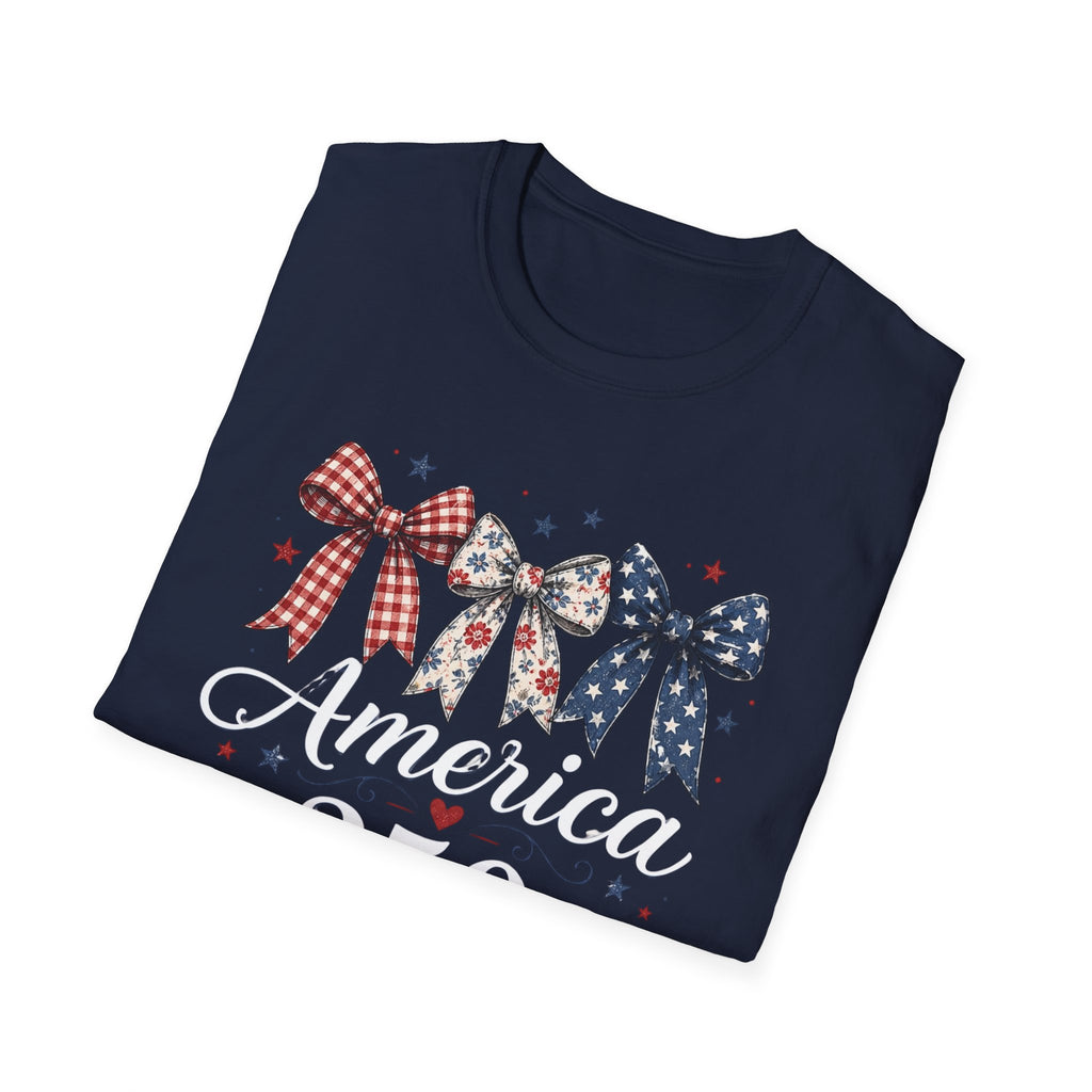 America 250 Years of Freedom Bow Shirt, Coquette Patriotic Trio Bow Tee 1776 2026, 4th of July Women's Vintage Bow T-Shirt, Gingham Stars Floral Patriotic Anniversary Gift
