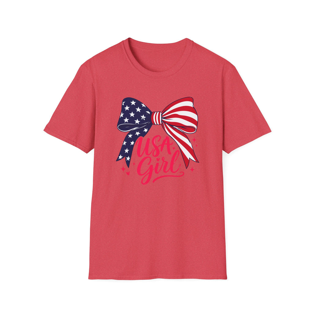 USA Girl T-Shirt, Coquette Flag Bow Pink Script Tee, 4th of July Girl Shirt Women Teens, Stars Stripes Bow Sparkle Patriotic Gift, Cute Pink Script Independence Day Tee
