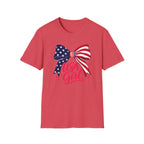 USA Girl T-Shirt, Coquette Flag Bow Pink Script Tee, 4th of July Girl Shirt Women Teens, Stars Stripes Bow Sparkle Patriotic Gift, Cute Pink Script Independence Day Tee