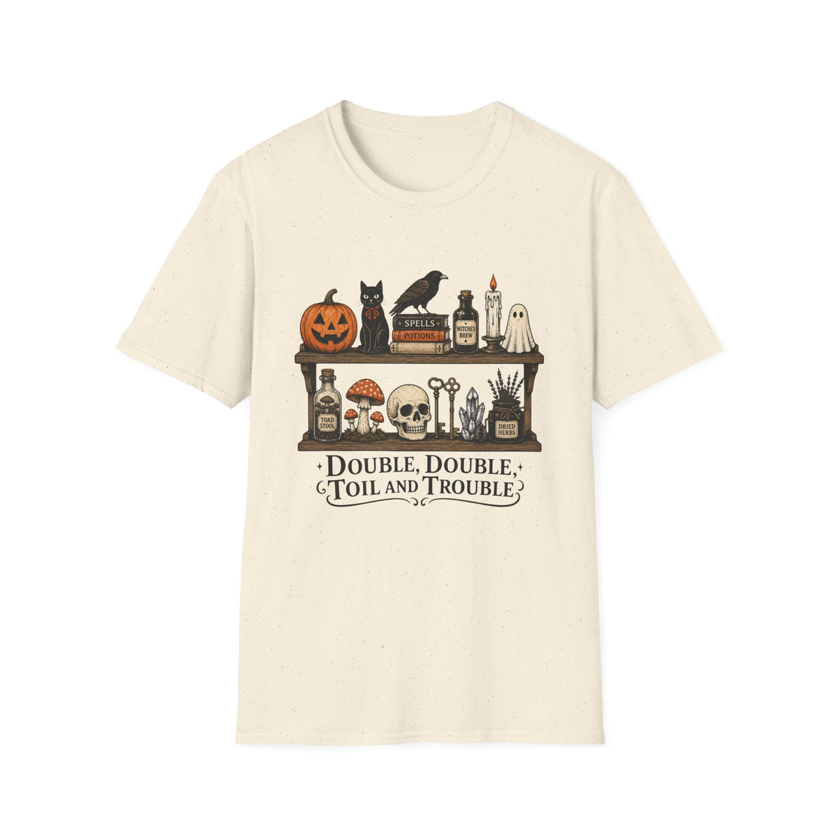 Halloween Potion Shelf T‑Shirt — "Double, Double, Toil and Trouble"