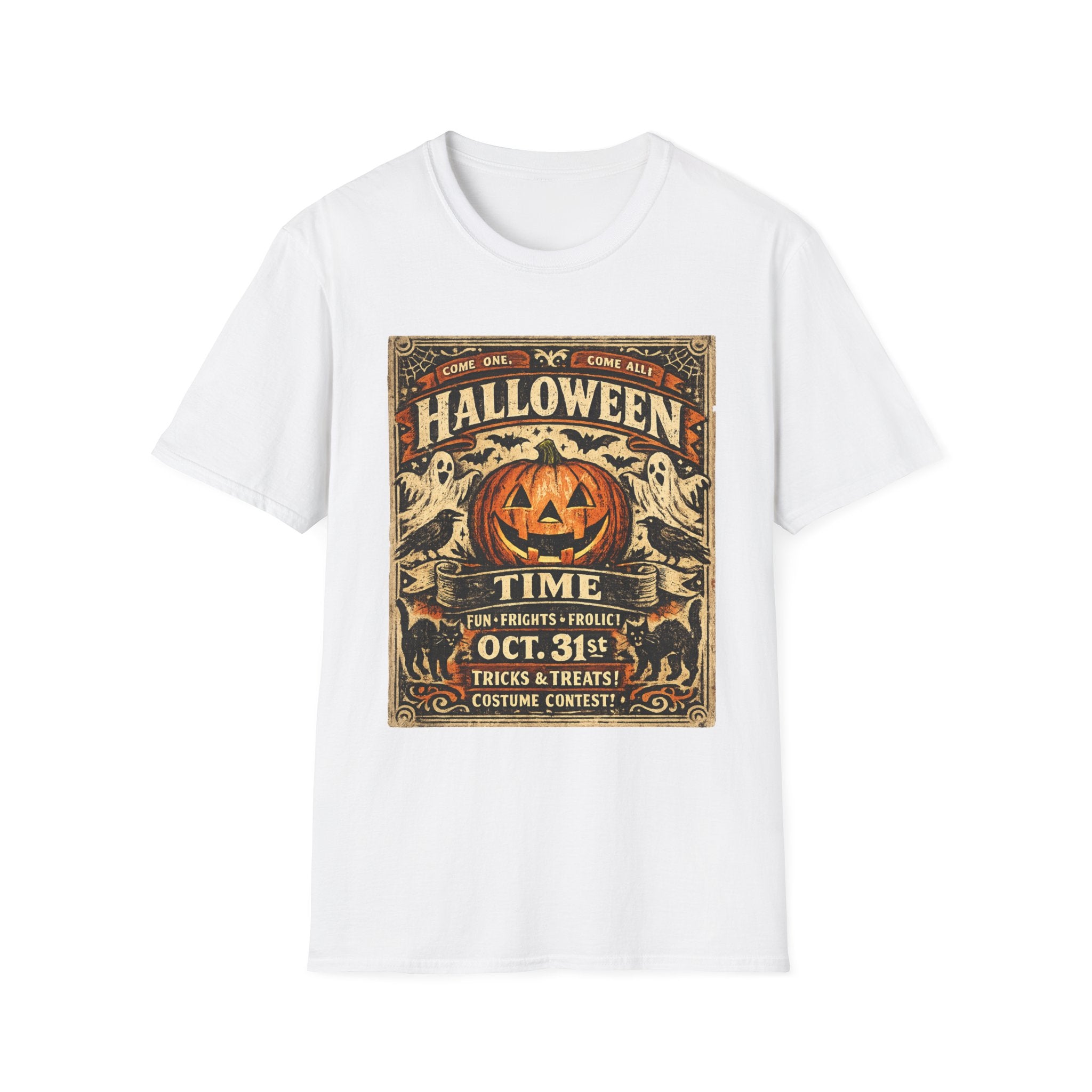 Vintage Halloween Pumpkin T-Shirt — "Halloween Time" Retro Poster Tee