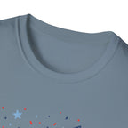 Patriotic Doodle Collage T-Shirt, Cute 4th of July Bow Heart Flag Confetti Tee, Whimsical Festive America Shirt, Coquette Patriotic Icon Scatter Gift