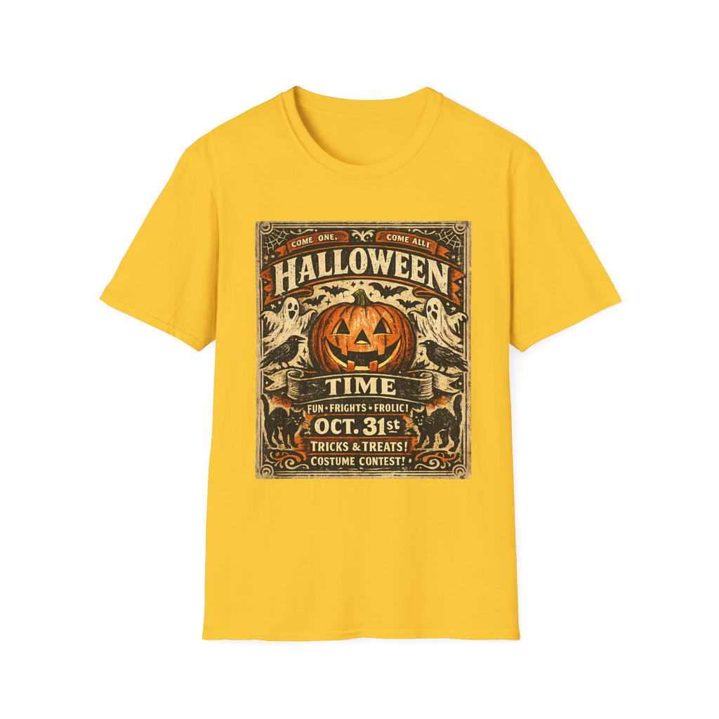 Vintage Halloween Pumpkin T-Shirt — "Halloween Time" Retro Poster Tee