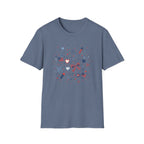 Patriotic Doodle Collage T-Shirt, Cute 4th of July Bow Heart Flag Confetti Tee, Whimsical Festive America Shirt, Coquette Patriotic Icon Scatter Gift