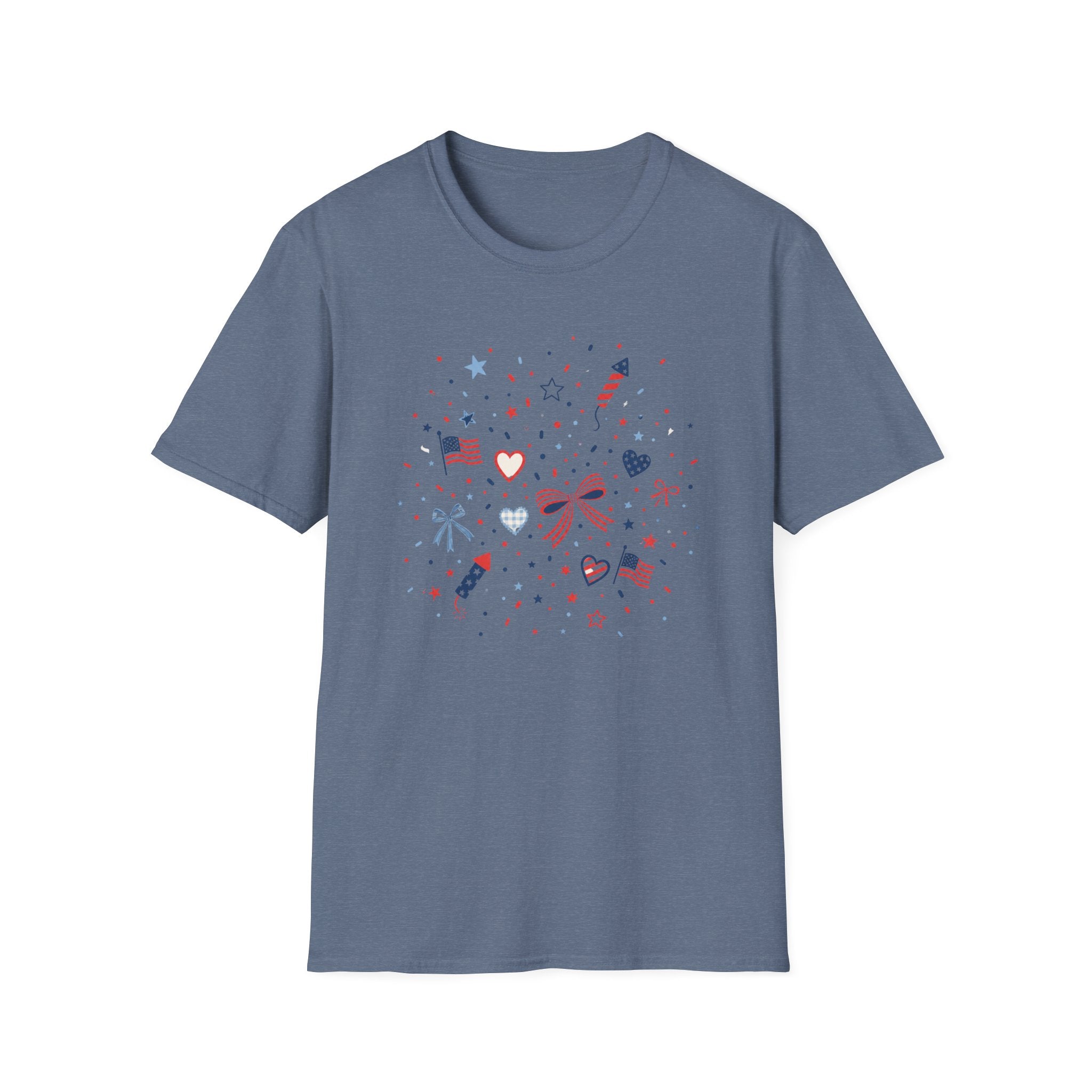 Patriotic Doodle Collage T-Shirt, Cute 4th of July Bow Heart Flag Confetti Tee, Whimsical Festive America Shirt, Coquette Patriotic Icon Scatter Gift