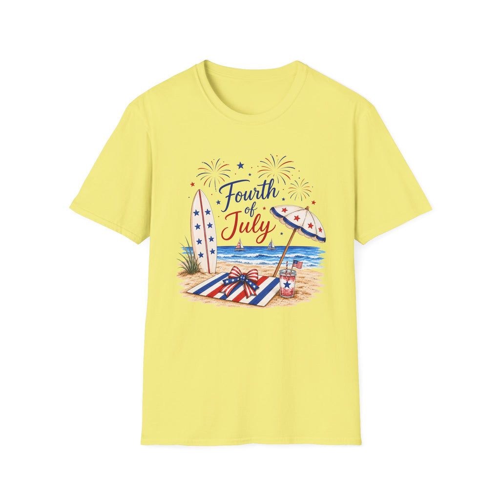 Fourth of July Beach Scene T-Shirt, Patriotic Summer Ocean Surfboard Tee, 4th of July Beach Vacation Shirt, Fireworks Umbrella Surfboard America