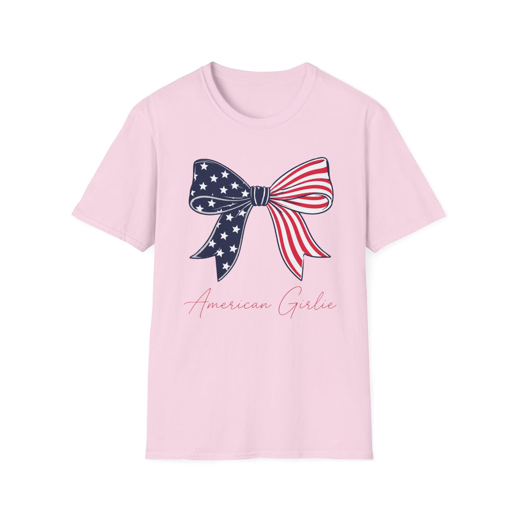 American Girlie Bow Shirt, Clean Split Flag Coquette Tee, Navy Stars Red Stripes Bow 4th of July Women Girls, Bold Graphic Patriotic Script Gift Independence Day