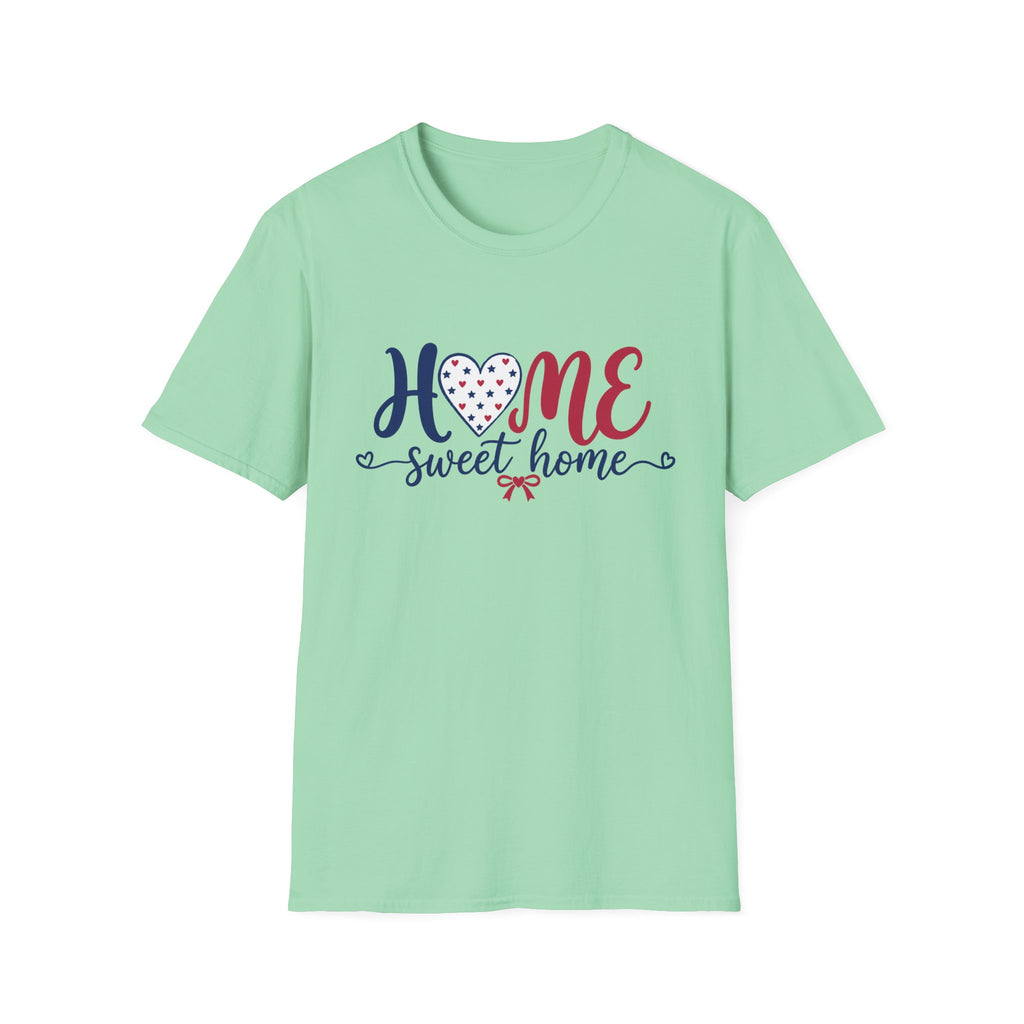 Patriotic Home Sweet Graphic Tee - 4th of July Heart Bow T-Shirt USA Flag Top Red White Blue Coquette