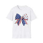 Oversized American Flag Bow T-Shirt, Cheer Bow Stars Stripes Patriotic Tee, Big Coquette 4th of July Bow Shirt, Bold Graphic USA Bow Gift Women Girls Independence Day