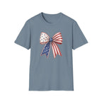 Patriotic American Flag Bow Tee, USA Pride Graphic Shirt, Fourth of July Outfit, Cute Red White Blue Bow Top