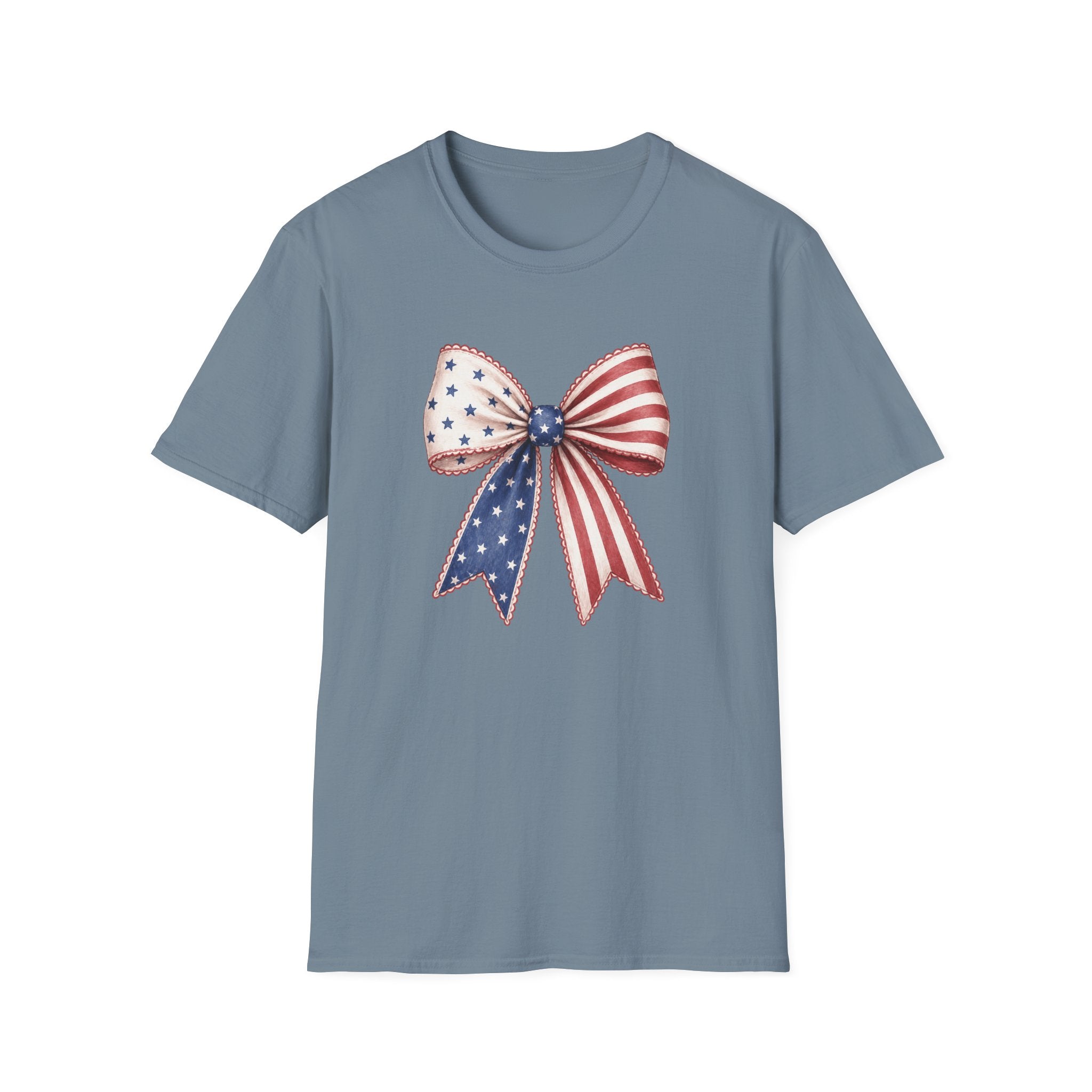Patriotic American Flag Bow Tee, USA Pride Graphic Shirt, Fourth of July Outfit, Cute Red White Blue Bow Top
