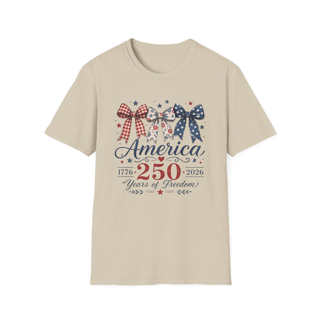 America 250 Years Of Freedom T-Shirt | Patriotic Coquette Ribbon Bow Graphic Tee, 1776 2026 Semiquincentennial Top