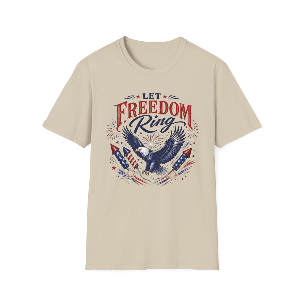 Let Freedom Ring T-Shirt | Patriotic American Bald Eagle Graphic Tee, Fourth Of July Retro Fireworks Top