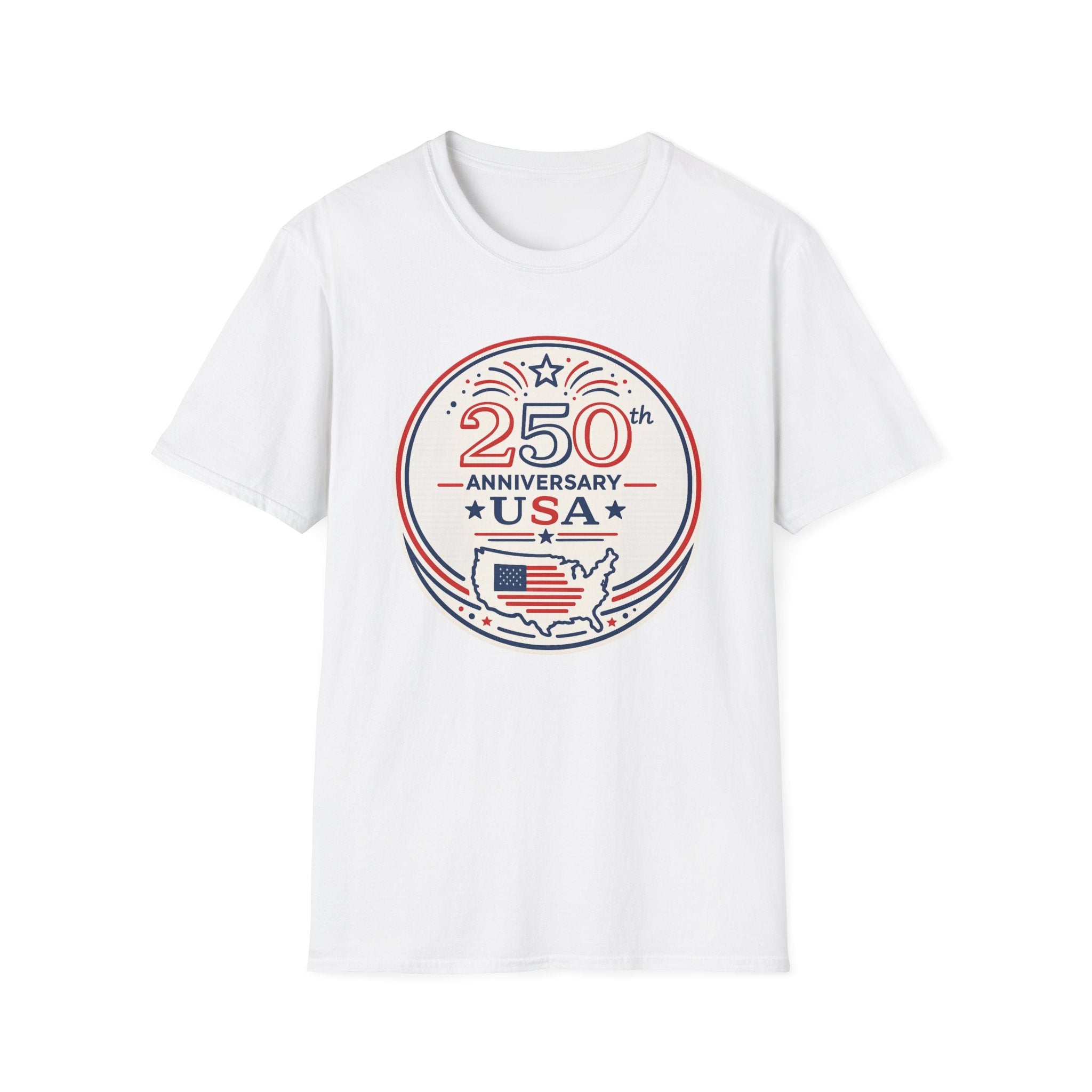 White t-shirt with 250th Anniversary USA design on a white background