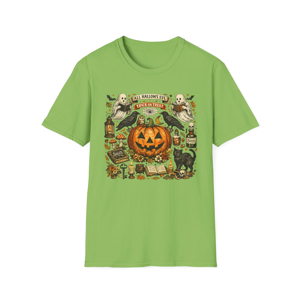 Halloween Pumpkin & Ghost Tee — "All Hallows Eve, Trick or Treat" Graphic T-Shirt
