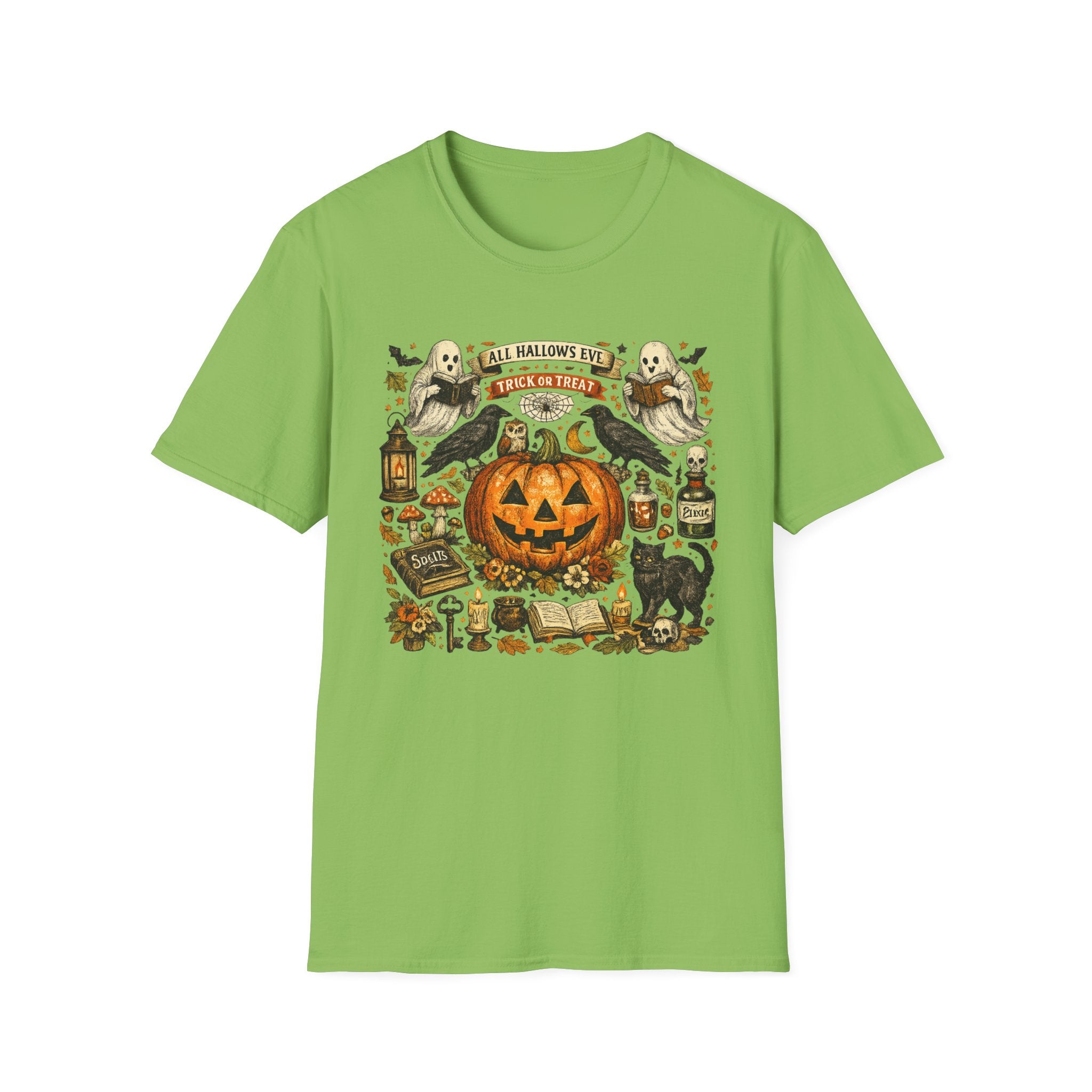 Halloween Pumpkin & Ghost Tee — "All Hallows Eve, Trick or Treat" Graphic T-Shirt