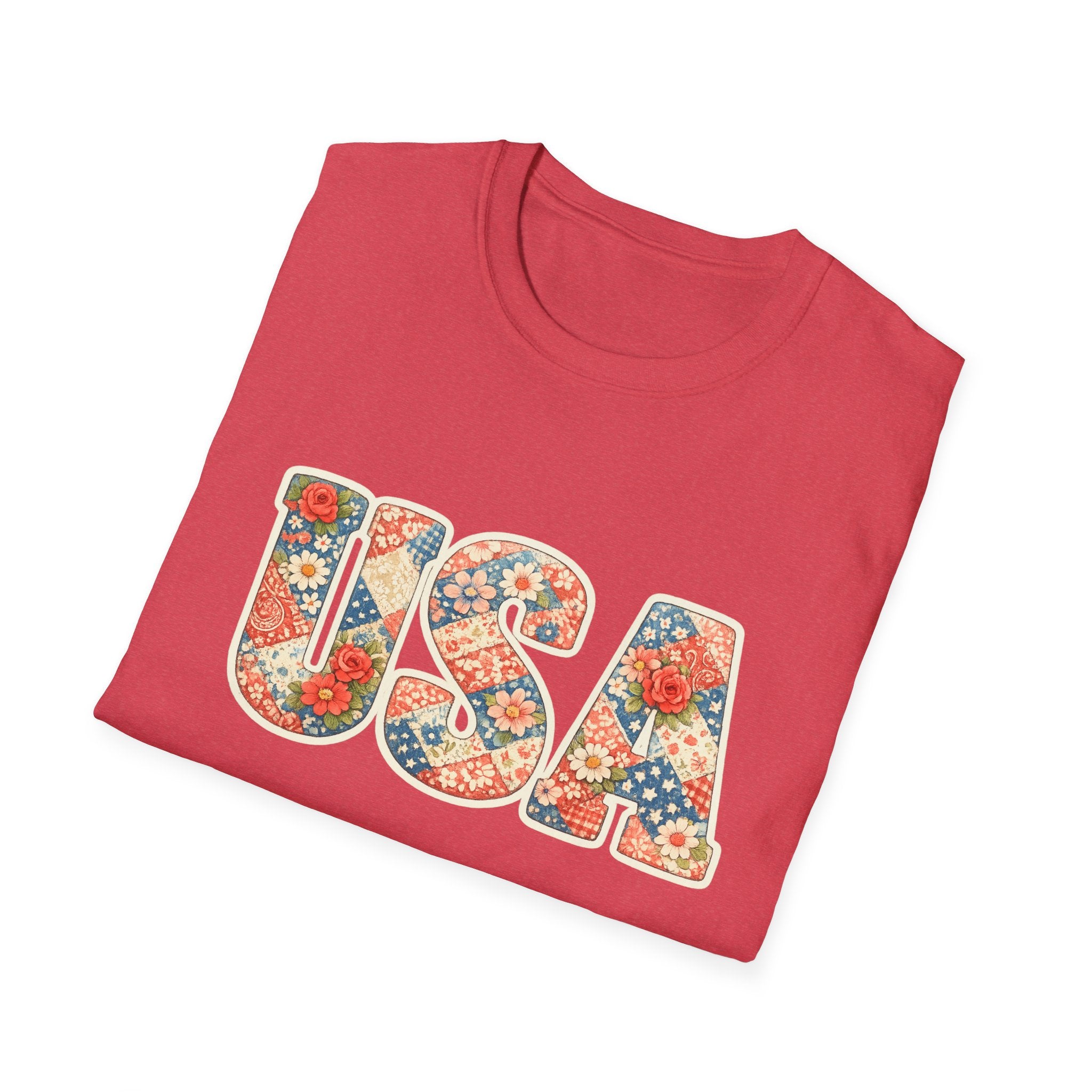 USA Floral Patchwork T-Shirt | Patriotic Block Lettering Graphic Tee, Fourth Of July Vintage Cottagecore Top