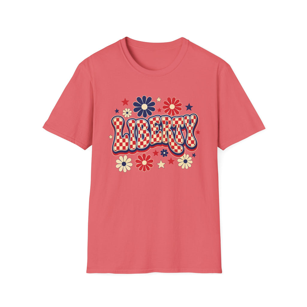 Liberty Retro USA Tee, Vintage Red White Blue Shirt, Patriotic Floral Graphic Top, Fourth of July Celebration Outfit Unisex Softstyle T-Shirt