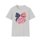 USA Girl T-Shirt, Coquette Flag Bow Pink Script Tee, 4th of July Girl Shirt Women Teens, Stars Stripes Bow Sparkle Patriotic Gift, Cute Pink Script Independence Day Tee