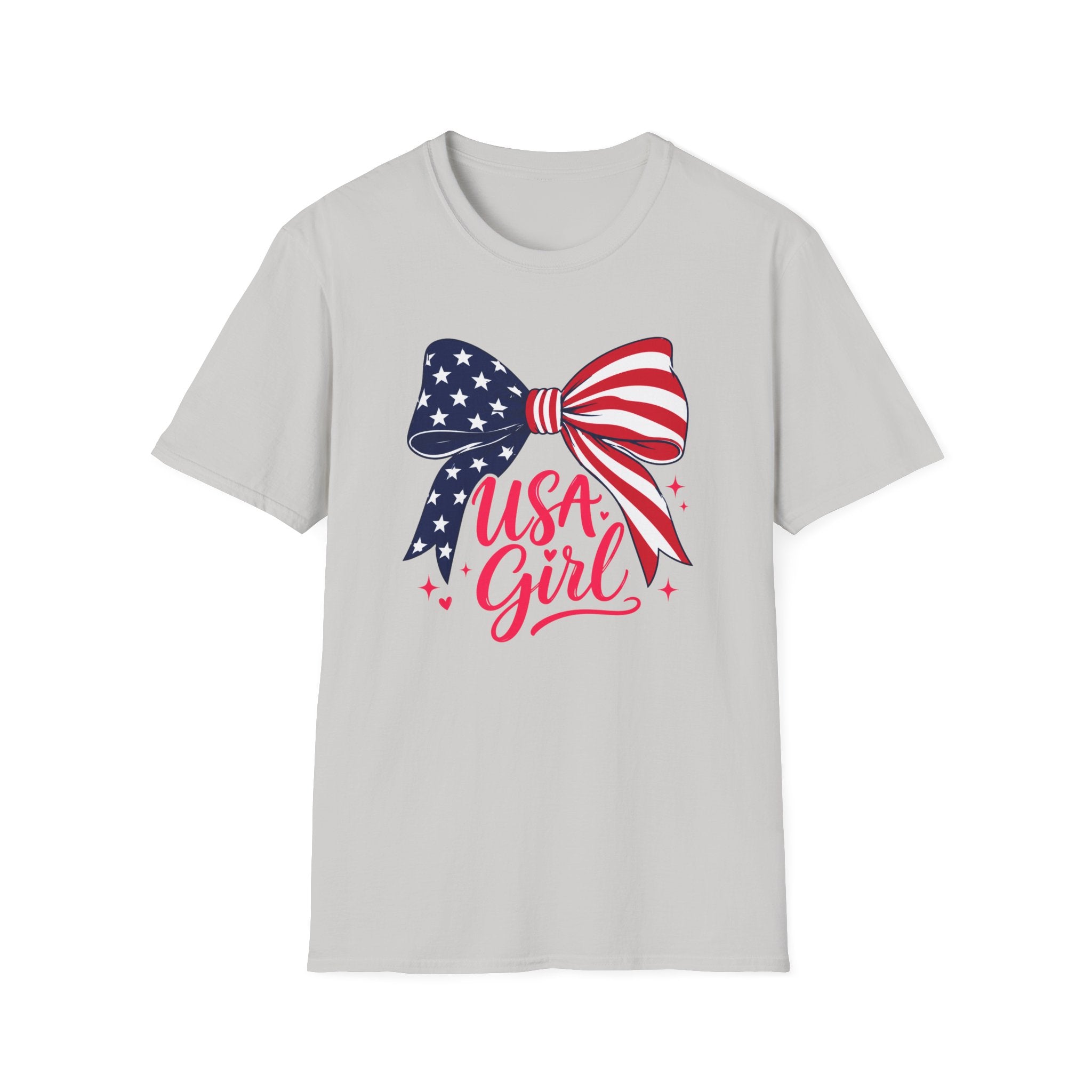 USA Girl T-Shirt, Coquette Flag Bow Pink Script Tee, 4th of July Girl Shirt Women Teens, Stars Stripes Bow Sparkle Patriotic Gift, Cute Pink Script Independence Day Tee