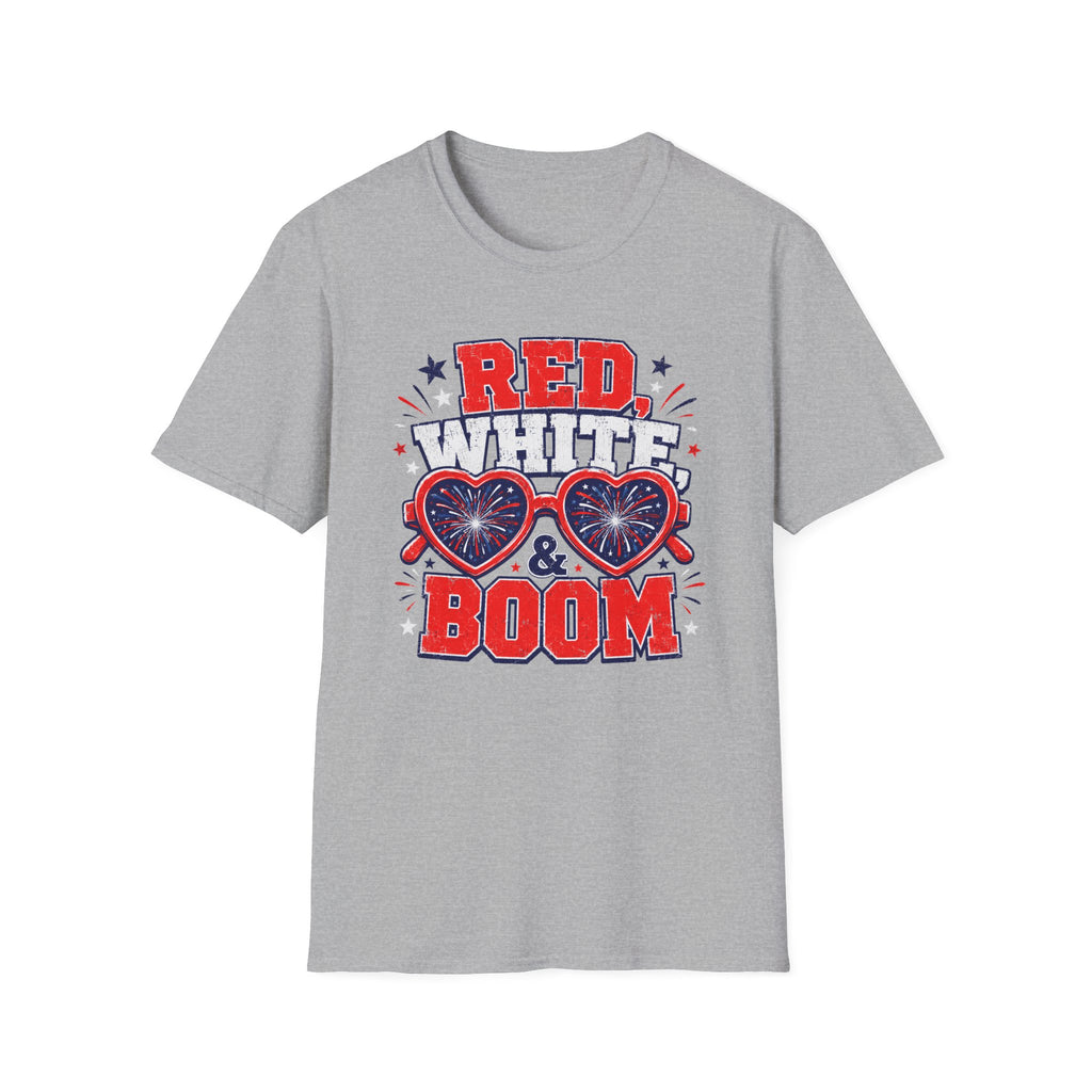 Red White Boom Sunglasses Shirt, Funny Patriotic Heart Glasses Firework Tee, 4th of July Pun Party T-Shirt, Retro Boom America Celebration Gift