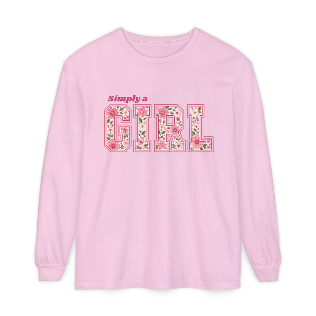 Simply a GIRL Floral Feminine Pink Flower Typography Long Sleeve T-shirt