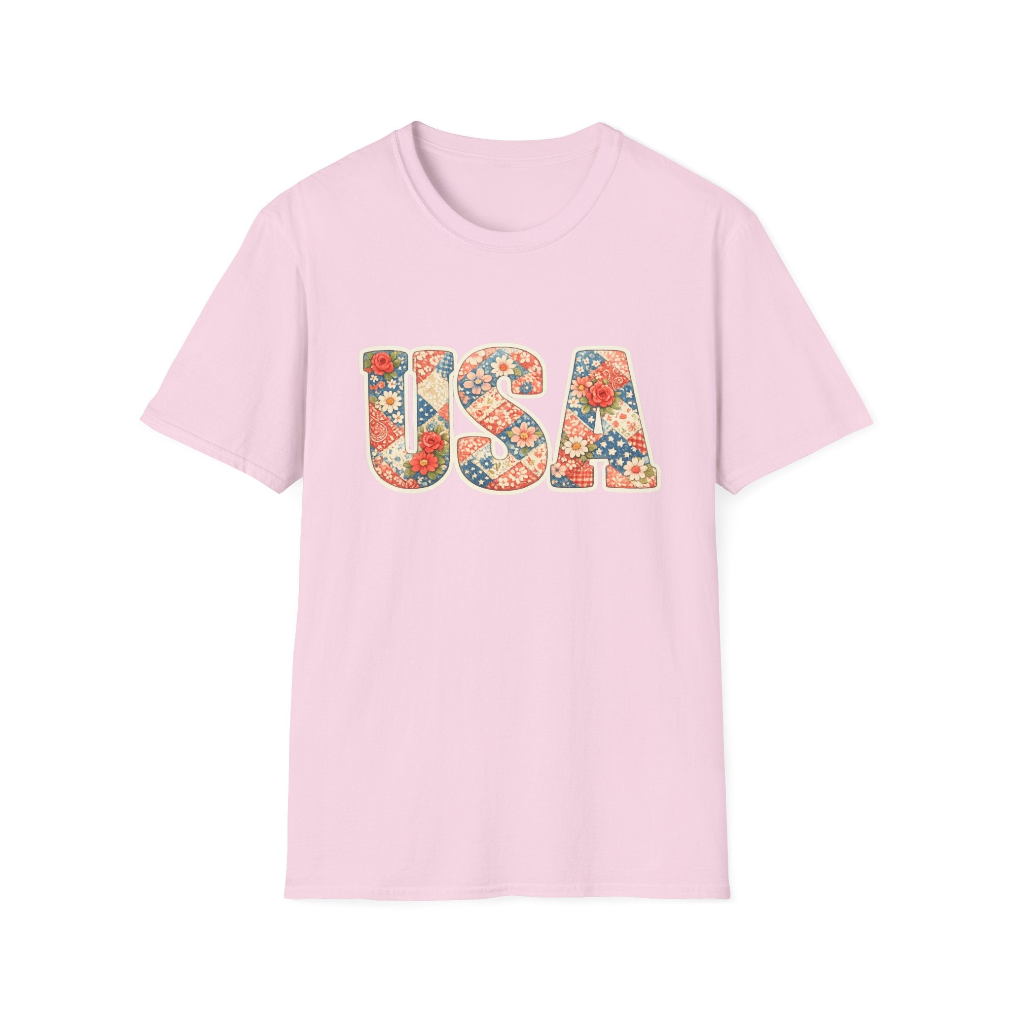 Quilted Patchwork USA T-Shirt, Vintage Floral Rose Daisy America Tee, Cottagecore Patriotic Letter Shirt, 4th of July Grandma Quilt Style