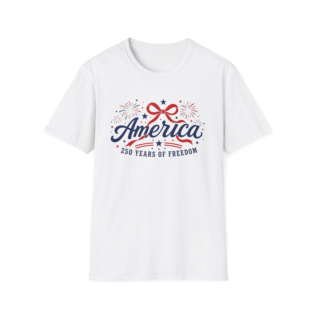 America 250 Years Of Freedom T-Shirt | Semiquincentennial Patriotic Fireworks Tee, Coquette Ribbon Bow Holiday Clothing