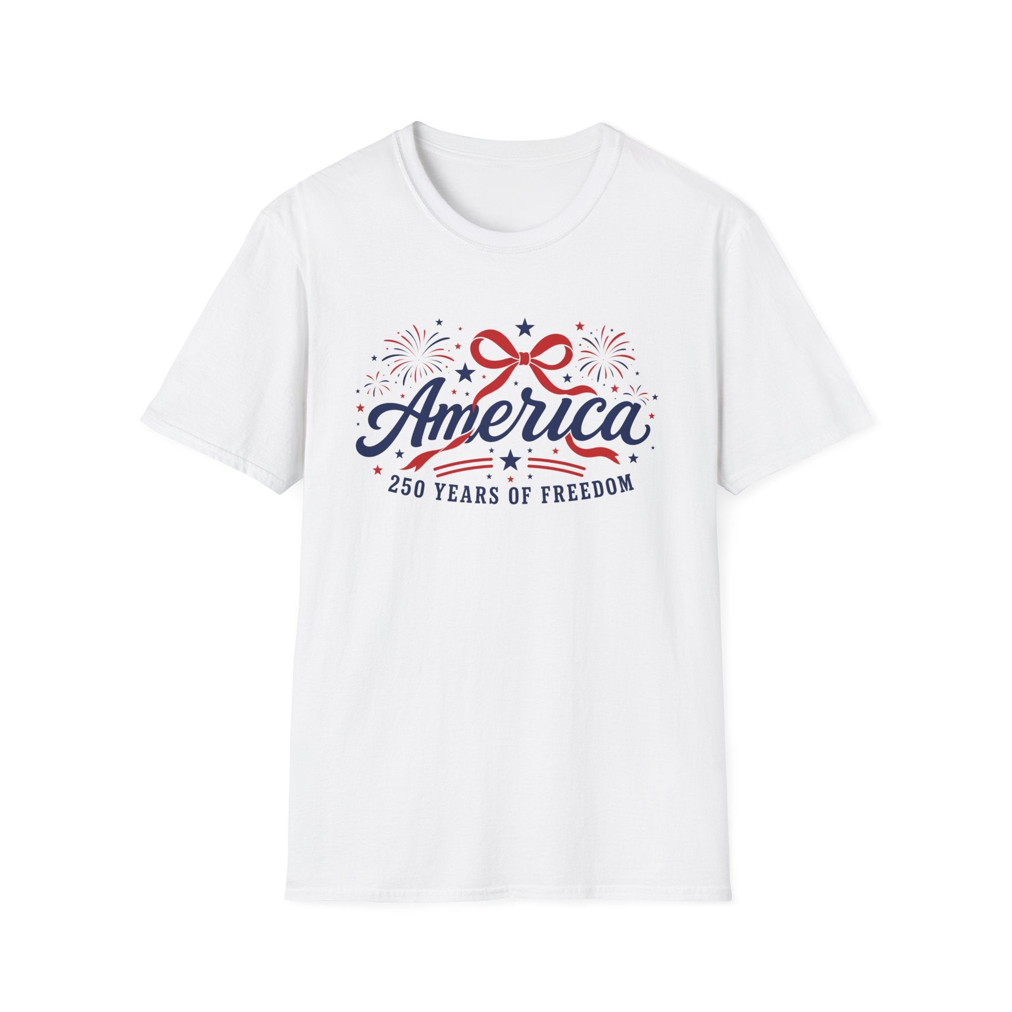 America 250 Years Of Freedom T-Shirt | Semiquincentennial Patriotic Fireworks Tee, Coquette Ribbon Bow Holiday Clothing