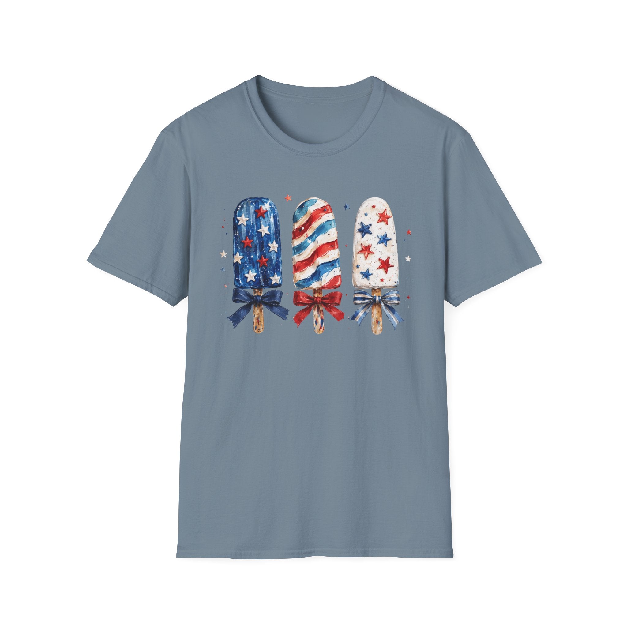 Patriotic Popsicle T-Shirt, Watercolor 4th of July Ice Cream Bow Tee, Cute Summer America Popsicle Shirt, Stars Stripes Coquette Bow Treat Gift Women