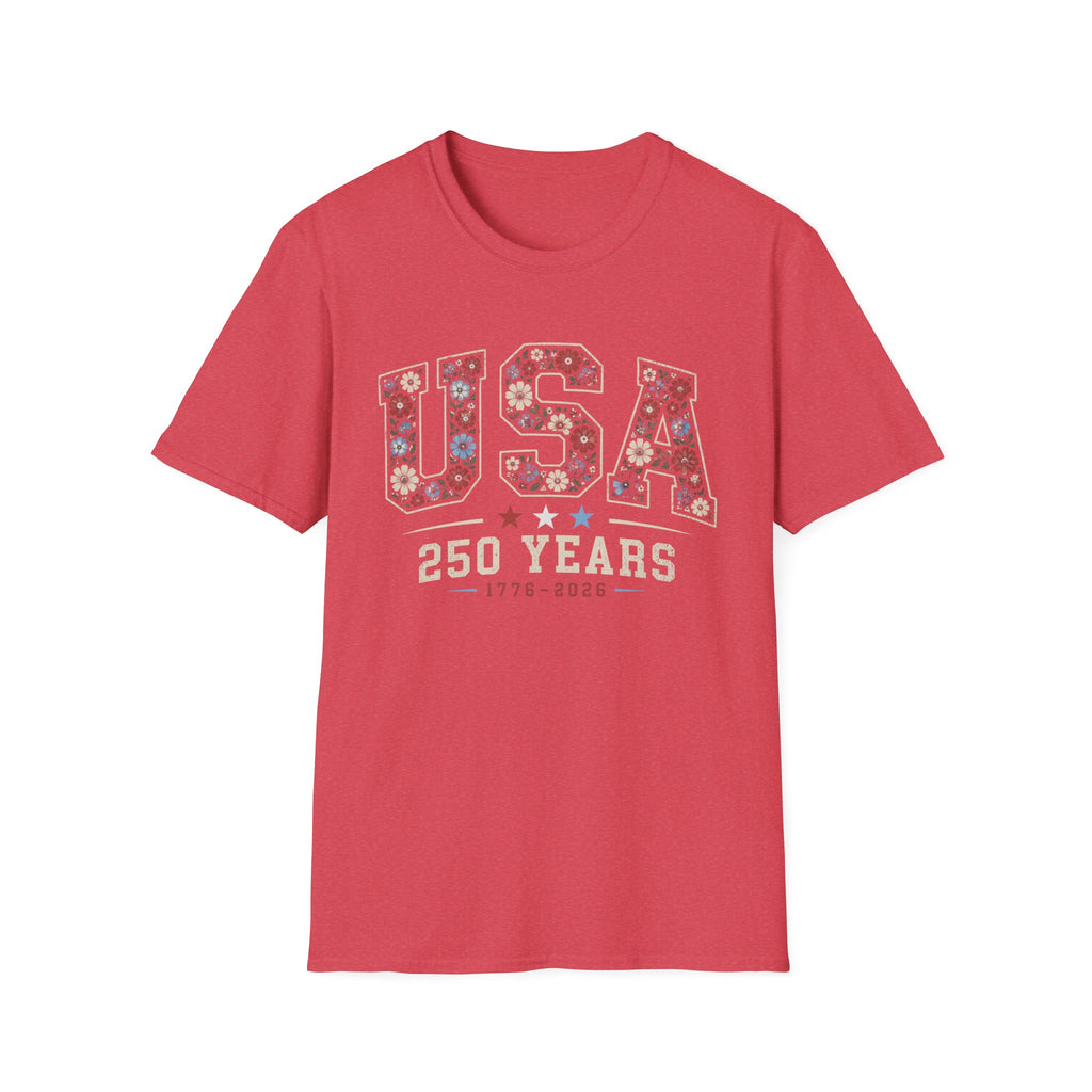 USA 250 Years T-Shirt | Semiquincentennial Patriotic Floral Graphic Tee, 1776 2026 Varsity Block Lettering Top