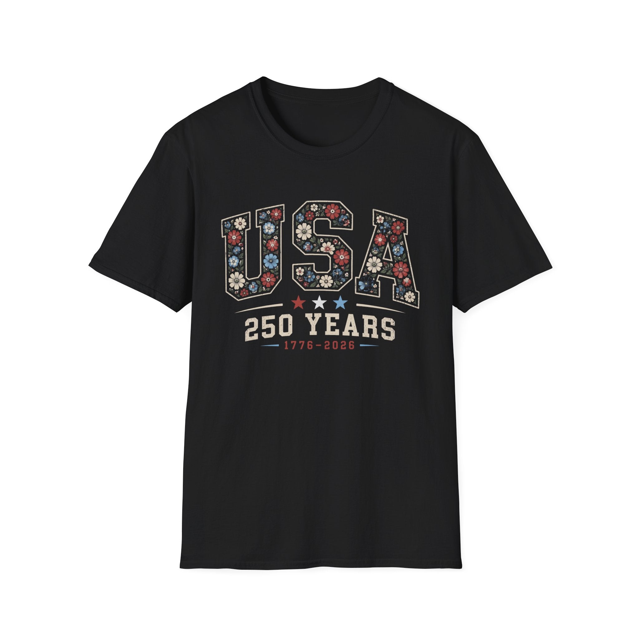 USA 250 Years T-Shirt | Semiquincentennial Patriotic Floral Graphic Tee, 1776 2026 Varsity Block Lettering Top