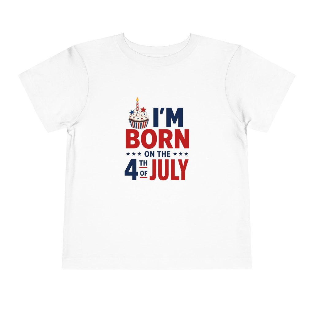 Born on the 4th of July Tee, Patriotic Birthday USA Shirt, Red White Blue Cupcake Graphic Top, Independence Day Celebration Outfit Toddler Short Sleeve Tee